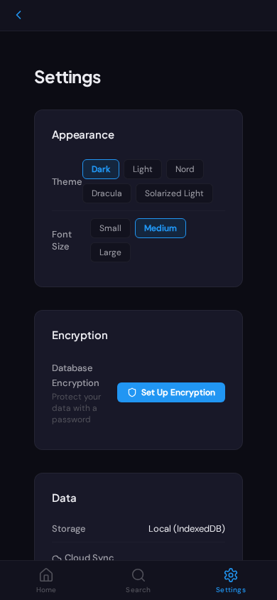 Settings with theme and encryption options