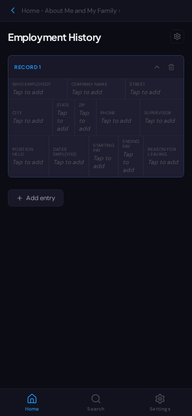 Employment history form grid